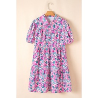 Pink Plus Size Floral Half Button Short Puff Sleeve A-line Dress - 1X thumbnail