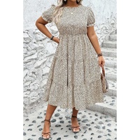 Beige Plus Size Leopard Print Frill Trim Short Sleeve Flared Dress - 3X thumbnail