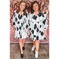 Black Plus Size Floral 3/4 Puff Sleeve Lace-up Neck Mini Dress - 4X thumbnail