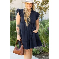 Navy Blue Collared V Neck Flutter Sleeve Tiered Plus Size Dress - 1X thumbnail