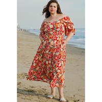 Orange Floral V Neck Flutter Sleeve Cinched Waist Long Plus Size Dress - 4X thumbnail