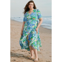 Green Leaves Print Short Sleeve Surplice Neck Ruffled Trim Plus Size Maxi Dress - 1X thumbnail