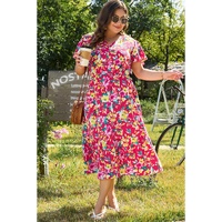 Pink Floral Print V Neck Pocketed High Waist Plus Size Midi Dress - 4X thumbnail