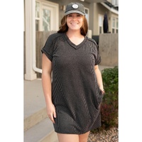 Carbon Grey Corded V Neck Plus Size T Shirt Dress with Pockets - 2X thumbnail