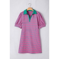Rose Stripe Collared V Neck Puff Sleeve Shift T Shirt Dress with Pockets - 2X thumbnail