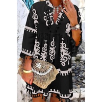 Black Plus Size Western Floral Print Fringed V Neck Dress - 3X thumbnail