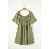 Grass Green Frilly Square Neck Flutter Sleeve Smocked High Waist Plus Size Dress - 3X thumbnail
