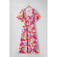 Rose Abstract Printed Puff Sleeve Square Neck Smocked Bust Tied Back Plus Size Dress - 1X thumbnail