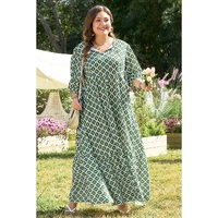Green Geometric Floral Print Half Sleeve Plus Size Maxi Dress - 1X thumbnail