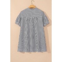 Black Stripe Short Sleeve Buttoned V Neck Pocketed Plus Size Mini Dress - 4X thumbnail