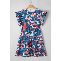 Blue Abstract Print Shirred Ruffled Short Sleeve Tiered Plus Size Mini Dress - 2X thumbnail