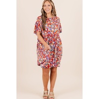 Red Dainty Flower Printed Plus Size Short Sleeve Shift Dress - 1X thumbnail