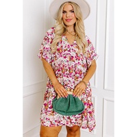 White Abstract Print V Neck Short Sleeve Ruffled Plus Size Mini Dress - 2X thumbnail