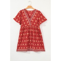 Orange Plus Size Printed Surplice Neck Empire Waist Flowy Mini Dress - 1X thumbnail