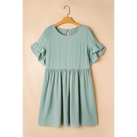 Grass Green Ruffle Trim Short Sleeve Plus Size Flared Mini Dress - 1X thumbnail