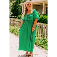 Bright Green Ruched Front Puff Sleeve Plus Size Long Dress - 4X thumbnail