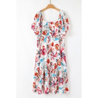White Floral Square Neck Puff Sleeve Flowy Plus Size Midi Dress - 2X thumbnail