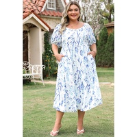 Sky Blue Floral Print Sweetheart Neck Plus Size Midi Dress - 4X thumbnail