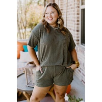 Moss Green Plus Size Rib Knit Short Sleeve Top and Shorts Set - 2X thumbnail