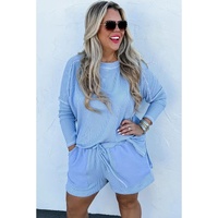 Light Blue Plus Size Ribbed Long Sleeve Top and Drawstring Shorts Set - 2X thumbnail