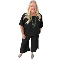 Black Textured Batwing Sleeve Tee Wide Leg Pants Plus Size Set - 1X thumbnail