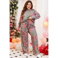 Green Plus Size Printed Long Sleeve and Pants Lounge Set - 1X thumbnail