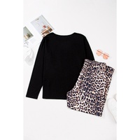 Black Leopard Patched Pocket Long Sleeve Top Plus Size Pants Set - 2X thumbnail