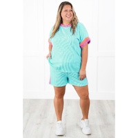 Light Blue Plus Size Color Block Corded Knit Tee and Shorts Set - 1X thumbnail