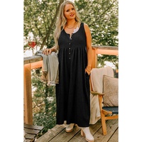 Black Plus Size Sleeveless Button Front Loose Jumpsuit - 3X thumbnail