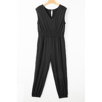 Black Plus Smocked High Waist Sleeveless V Neck Jumpsuit - 3X thumbnail