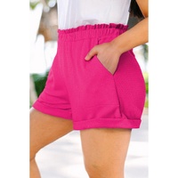 Bright Pink Plus Size Rolled Edge Ruffled Elastic Waist Textured Shorts - 2X thumbnail