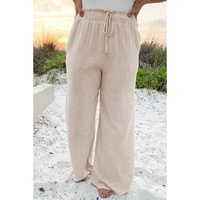 Beige Smocked High Waist Wide Leg Plus Size Pants - 4X thumbnail