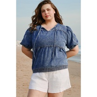 Sail Blue Plus Drawstring V Neck Puff Sleeve Denim Blouse - 1X thumbnail