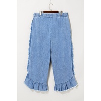 Blue Plus Size Lace up Waist Ruffled Trim Ankle Length Jeans - 1X thumbnail