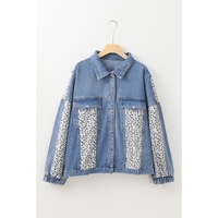 Beau Blue Leopard Patchwork Flap Detail Plus Size Denim Jacket - 3X thumbnail