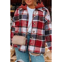 Red Printed Plus Size Plaid Button up Hooded Jacket - 1X thumbnail