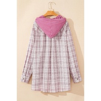 Bonbon Plaid Print Drawstring Hooded Button-up Plus Size Shirt - 1X thumbnail