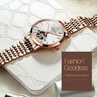 Waterproof Automatic Mechanical Watch for Women with Simple Hollow Design - Rose Gold Steel Strip White thumbnail