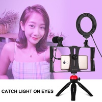 Vlogging Live Broadcast Smartphone Video Rig With 4.7 Inch Rgbw Ring Led Selfie Light Microphone And Pocket Tripod Mount Kit - Red thumbnail