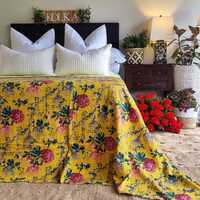 Mustard Peony Kantha Bedspread Coverlet - Mustard (King - 228 cm x 274 cm) thumbnail