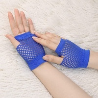 12 Pair Fishnet Gloves Fingerless Wrist Length 70s 80s Costume Party Bulk - Blue thumbnail