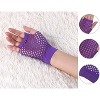 12 Pair Fishnet Gloves Fingerless Wrist Length 70s 80s Costume Party - Purple thumbnail