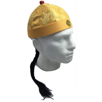CHINESE LANDLORD HAT Oriental Asian Cap w Ponytail Party Costume Traditional - Yellow thumbnail