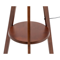 Natural Wooden Tripod Floor Lamp w/ Round Shelf + Off White Linen Shade - Cherry thumbnail