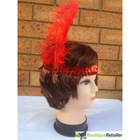 3x 1920s FLAPPER HEADBAND Headpiece Feather Sequin Charleston Costume Gatsby - Red thumbnail