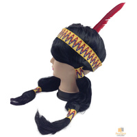 Womens Native American Wig w/ Red Feather Pigtail Indian Party Costume Hair thumbnail