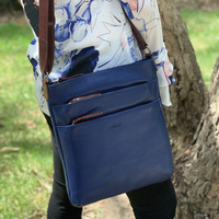 Milleni Womens Italian Leather Bag Soft Nappa Leather Cross-Body Travel - Indigo/Chestnut thumbnail