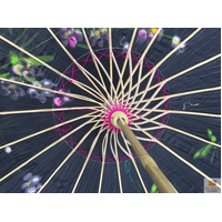 PARASOL UMBRELLA Chinese Japanese Bamboo Flower Pattern Fabric 80cm Diameter - Black thumbnail