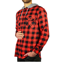 Mens Cotton Flannelette Shirt w Jersey Hood Long Sleeve Flannel - Red/Black - M thumbnail