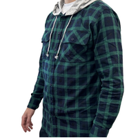 Mens Cotton Flannelette Shirt w Jersey Hood Long Sleeve Flannel - Green - L thumbnail